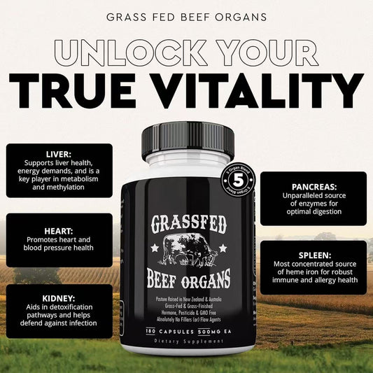 Organic Wellness Hub | Grassfed Beef Organs Capsules 180ct 500mg - Pasture Raised NZ & Australia, Non-GMO, Hormone-Free, No Fillers or Flow Agents