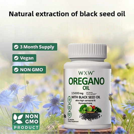 Oregano Oil 15000mg with Black Seed Oil | 60 Capsules | Lab Tested | Organic Wellness Hub