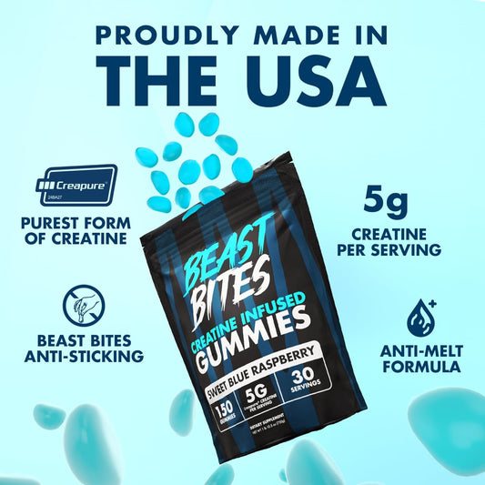 Beast Bites Creatine Infused Gummies — 5g Creapure® Per Serving | 150 Gummies | Sweet Blue Raspberry | Organic Wellness Hub