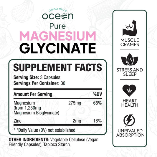 Ocean Organics Pure Magnesium Glycinate + Low Dose Zinc | Chelated Chelamax for Sleep, Muscle Cramps, Heart & Digestion – 90 Capsules | Organic Wellness Hub