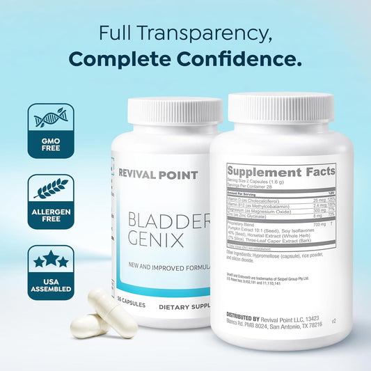 BladderGenix Capsules by Revival Point | New Formula | GMO Free | Allergen Free | Bladder Support Supplement | 56 Capsules | USA Assembled