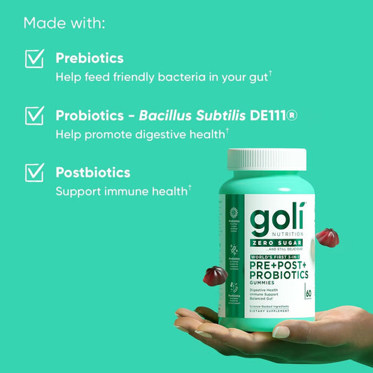 Goli Nutrition Zero Sugar 3-in-1 Pre+Post+Probiotics Gummies — 3-Pack Bundle (180 Gummies) | Lab Tested | Science-Backed | Digestive Health, Immune Support & Balanced Gut Supplement