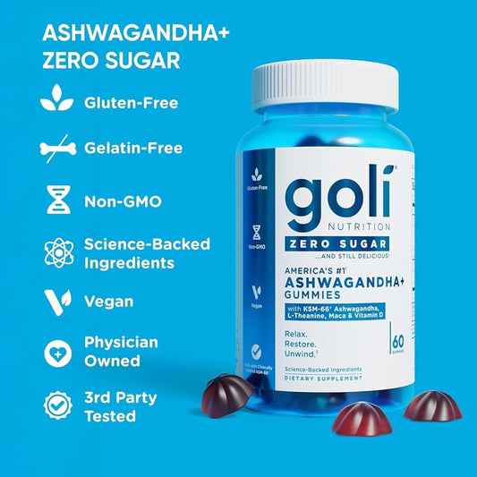Goli Ashwagandha Plus Gummies Zero Sugar 3 Pack | 180 Gummies | Americas Number 1 | KSM 66 | L Theanine | Maca | Vitamin D | Relax Restore Unwind | Vegan Non GMO Gluten Free