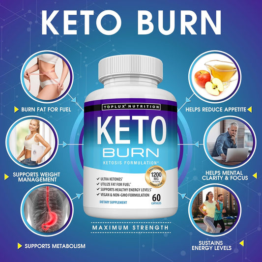 Toplux Nutrition Keto Burn 1200mg | Ketosis Formulation | Ultra Ketones | 60 Capsules | Vegan & Non-GMO | Lab Tested | Organic Wellness Hub