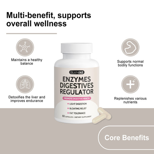 Bushaid Enzymes Digestives Regulator - Natural Digestive Support Supplement | Bloating Relief, Fat Tolerance & Light Digestion | 60 Capsules | Organic Wellness Hub