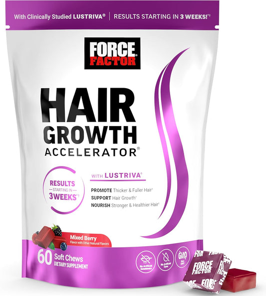 Force Factor Hair Growth Accelerator package with a purple and white design.