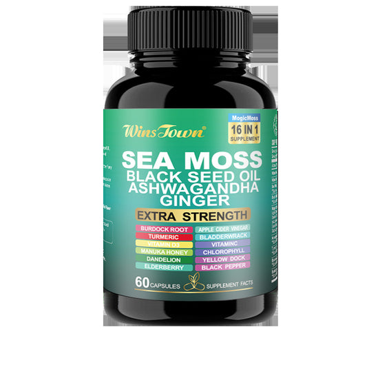 WinsTown Sea Moss 16-in-1 Supplement ? Black Seed Oil, Ashwagandha, Ginger, Burdock Root, Turmeric, Bladderwrack & More | 102+ Vitamins & Minerals | Extra Strength | 60 Capsules