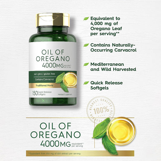 Oil of Oregano 4000mg Softgels | Lab Tested Carvacrol Supplement | Non-GMO & Gluten Free | 150 Quick Release Capsules | Organic Wellness Hub