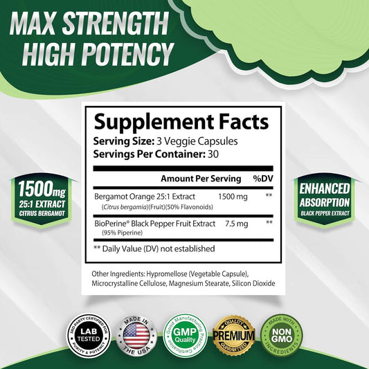 Citrus Bergamot 1500mg | 25:1 Extract with BioPerine� | Antioxidant & Immune Support | 90 Capsules - Toplux Nutrition