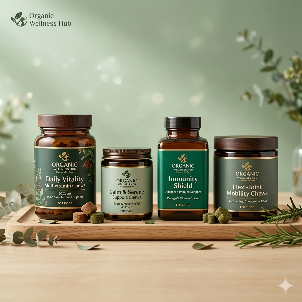 Organic Wellness Hub pet health supplements for dogs and cats supporting overall wellness and vitality.