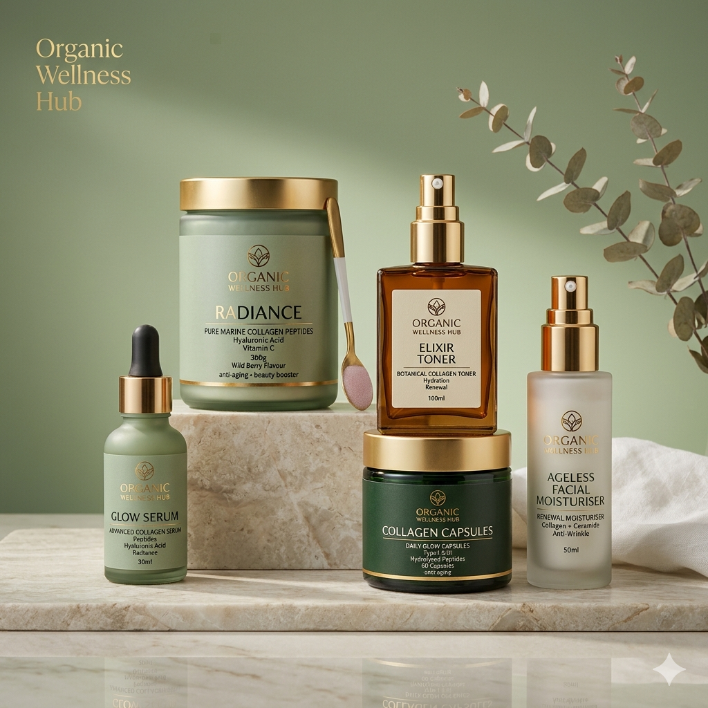 Organic Wellness Hub collagen supplements for skin health, anti-aging support and natural beauty enhancement.