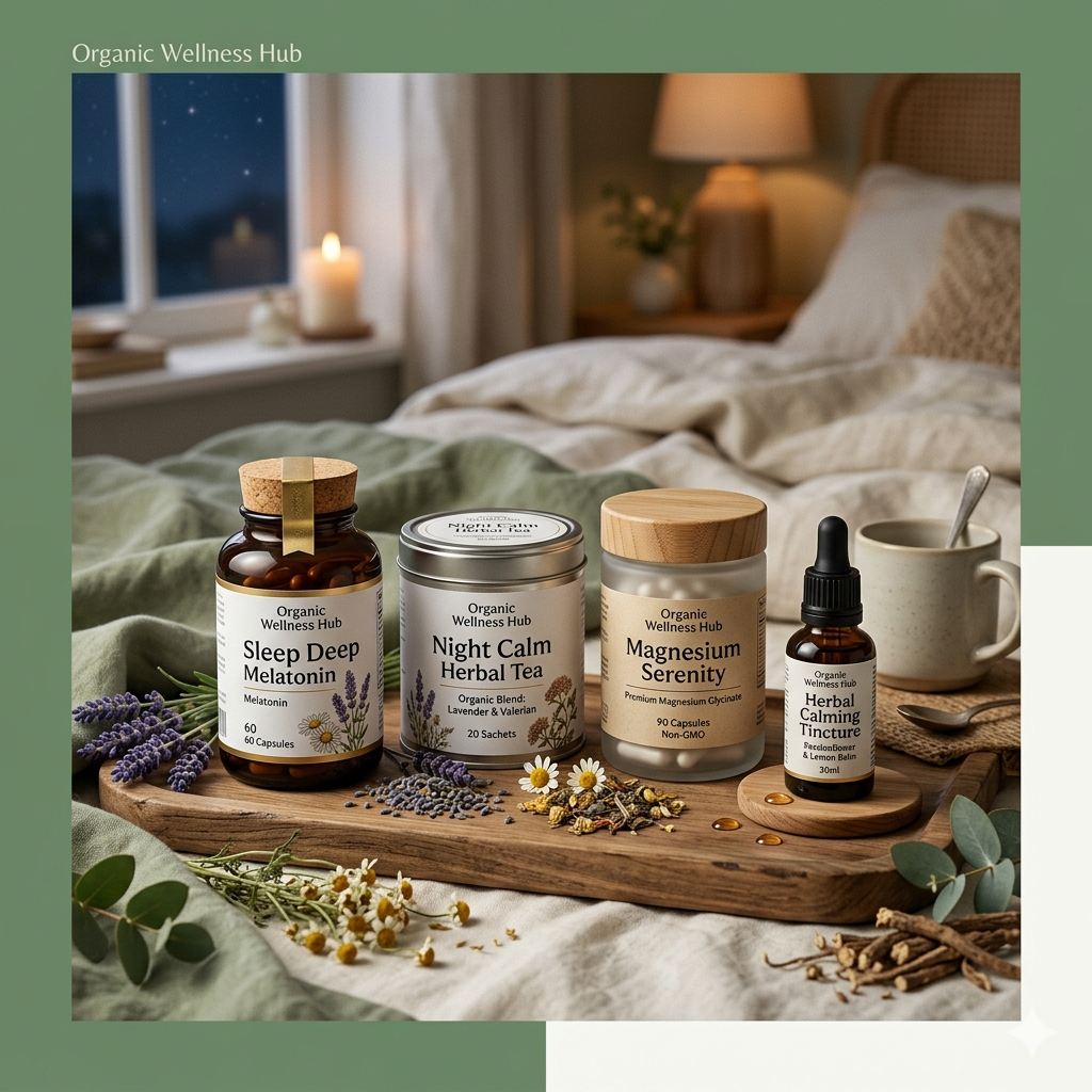 Organic Wellness Hub sleep and stress relief supplements supporting relaxation, calmness and better sleep.