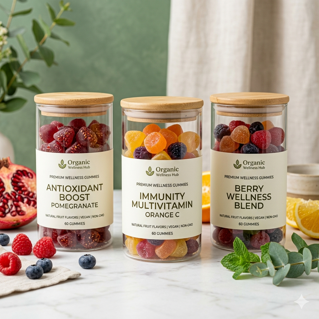 Organic Wellness Hub vitamin gummies collection made with natural fruit based ingredients for daily health and wellness.