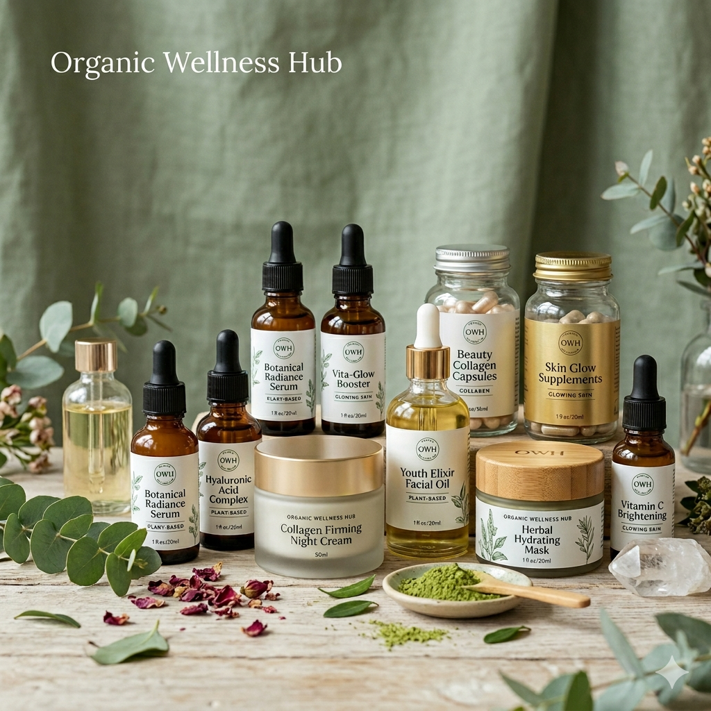 Organic Wellness Hub beauty and skin health collection featuring skincare and collagen products for glowing skin.
