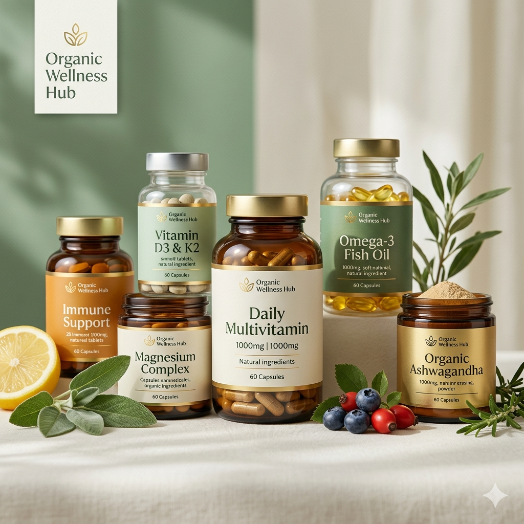 Organic Wellness Hub vitamins and supplements supporting daily health immunity and nutrition.