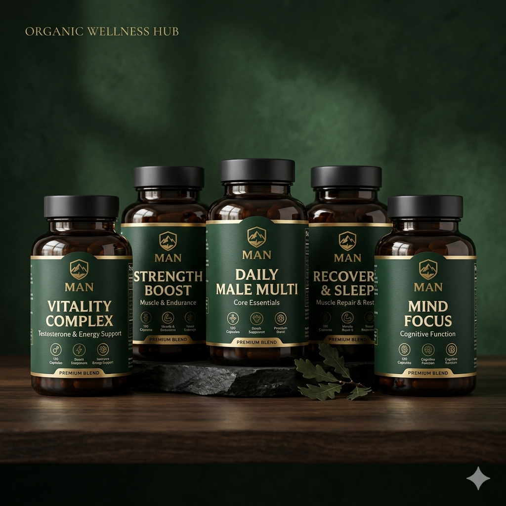 Organic Wellness Hub men's wellness supplements supporting energy vitality and strength.