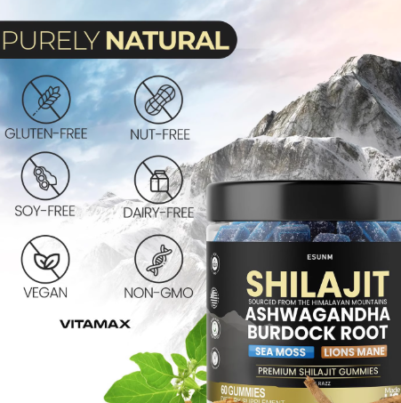 Shilajit Gummies with Ashwagandha, Sea Moss, Lion Mane & Burdock Root - Blue Razz 60 Gummies | Organic Wellness Hub