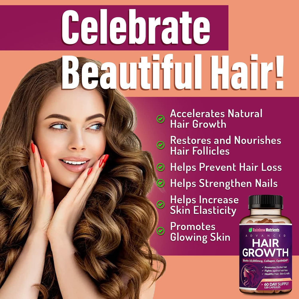 Advanced Hair Growth Supplement with Biotin 10,000mcg Collagen & MSM | Hair Skin & Nails Support | Organic Wellness Hub