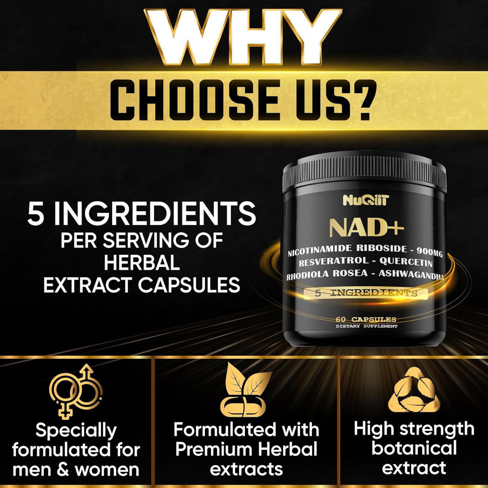 NAD+ Supplement | Nicotinamide Riboside 900mg + Resveratrol, Quercetin, Rhodiola Rosea & Ashwagandha | 60 Capsules - Organic Wellness Hub