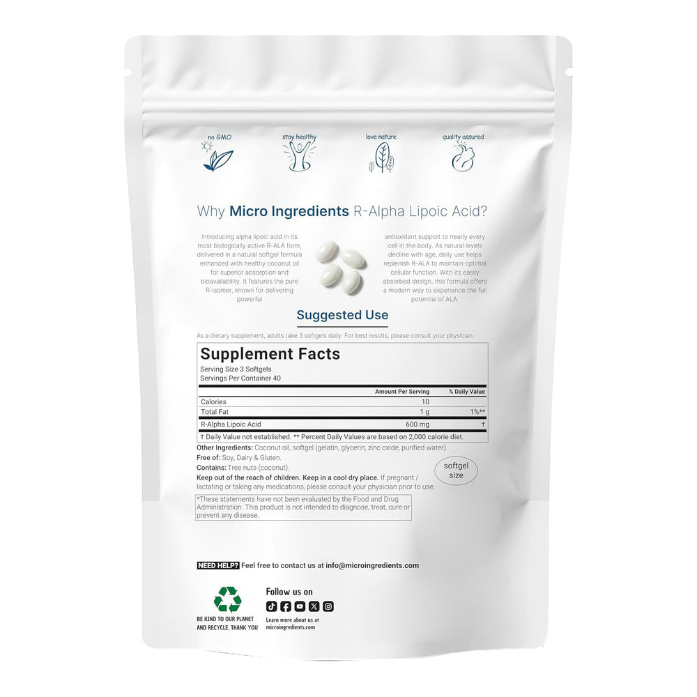 R-Alpha Lipoic Acid 600mg 300 Softgels | High Bioavailability Antioxidant Supplement | Organic Wellness Hub