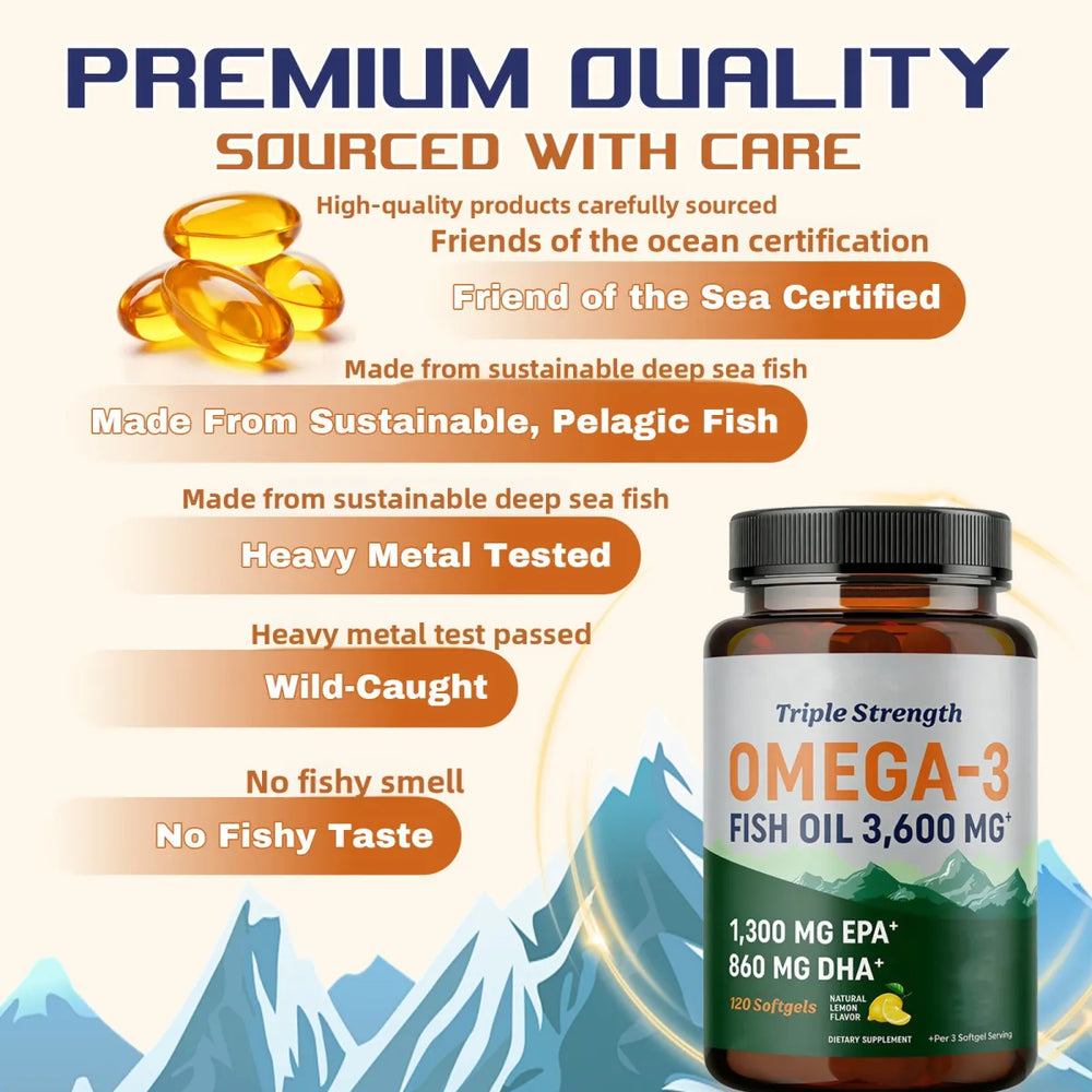 Triple Strength Omega-3 Fish Oil 3,600mg (3-Pack) - 1300mg EPA & 860mg DHA, 360 Lemon Softgels | Organic Wellness Hub