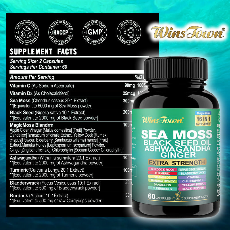 WinsTown Sea Moss 16-in-1 Supplement ? Black Seed Oil, Ashwagandha, Ginger, Burdock Root, Turmeric, Bladderwrack & More | 102+ Vitamins & Minerals | Extra Strength | 60 Capsules