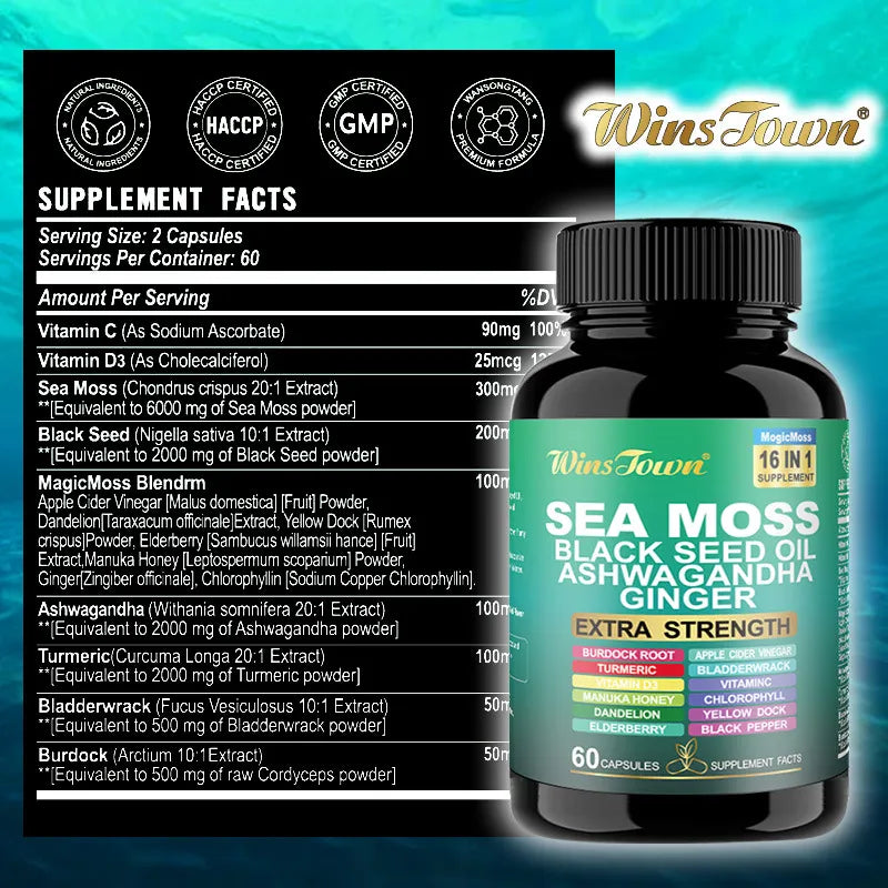 3 Pack WinsTown Sea Moss 16-in-1 Supplement – Black Seed Oil, Ashwagandha, Ginger, Burdock Root, Turmeric & More | 3 x 60 Capsules | 180 Caps Total | Extra Strength 102+ Minerals
