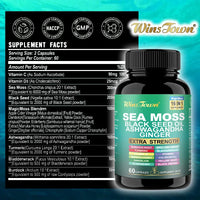 3 Pack WinsTown Sea Moss 16-in-1 Supplement – Black Seed Oil, Ashwagandha, Ginger, Burdock Root, Turmeric & More | 3 x 60 Capsules | 180 Caps Total | Extra Strength 102+ Minerals