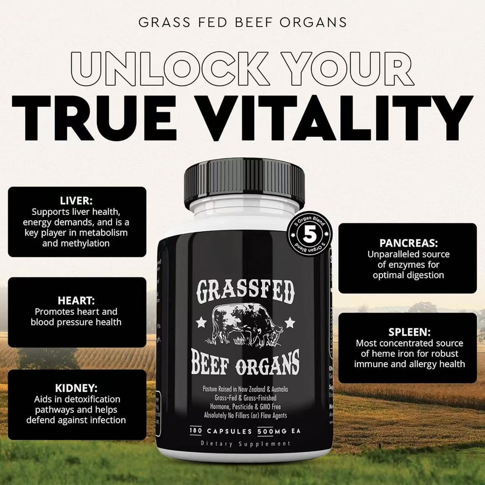 Organic Wellness Hub | Grassfed Beef Organs Capsules 180ct 500mg - Pasture Raised NZ & Australia, Non-GMO, Hormone-Free, No Fillers or Flow Agents