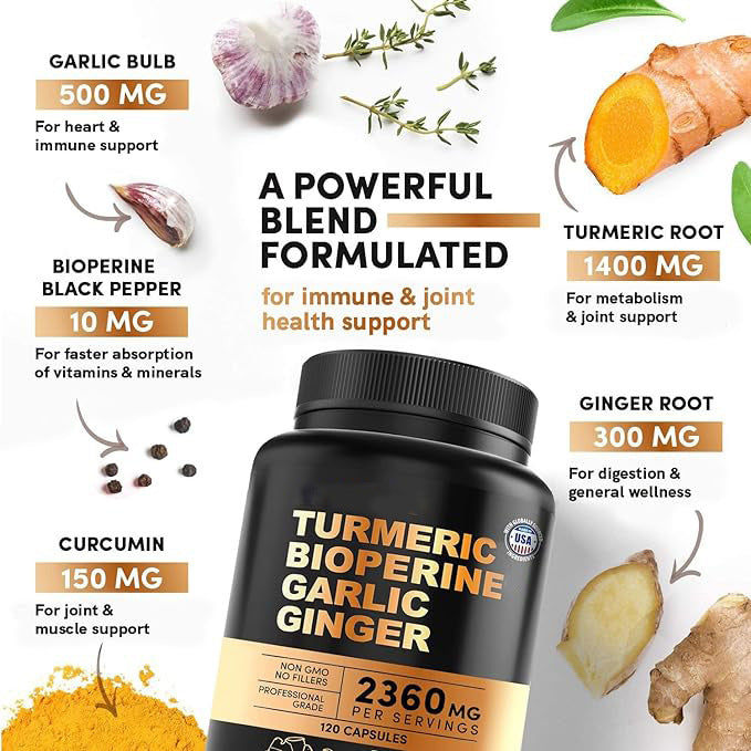 Turmeric Bioperine Garlic Ginger Supplement | 2360mg | 120 Capsules | Non-GMO | No Fillers | Organic Wellness Hub
