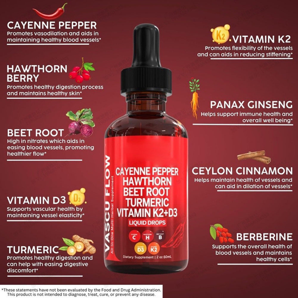 Vascu Flow Liquid Drops with Cayenne Pepper, Hawthorn, Beet Root, Turmeric & Vitamin K2+D3 | Cardiovascular Wellness Support | Organic Wellness Hub