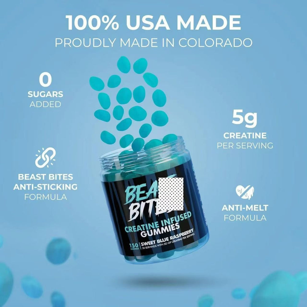 Beast Bites Creatine Infused Gummies | 5g Creatine Per Serving | 150 Gummies | 30 Servings | Blue Raspberry | Made in USA - Organic Wellness Hub