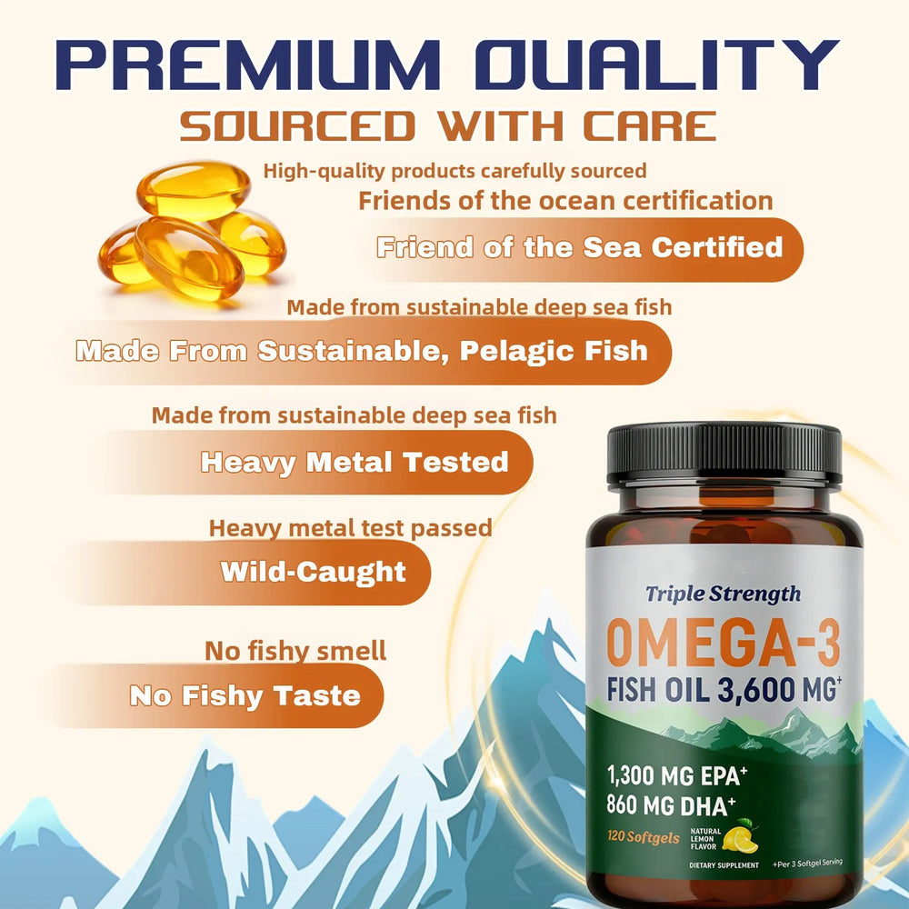 Triple Strength Omega-3 Fish Oil 3,600mg (3-Pack) - 1300mg EPA & 860mg DHA, 360 Lemon Softgels | Organic Wellness Hub