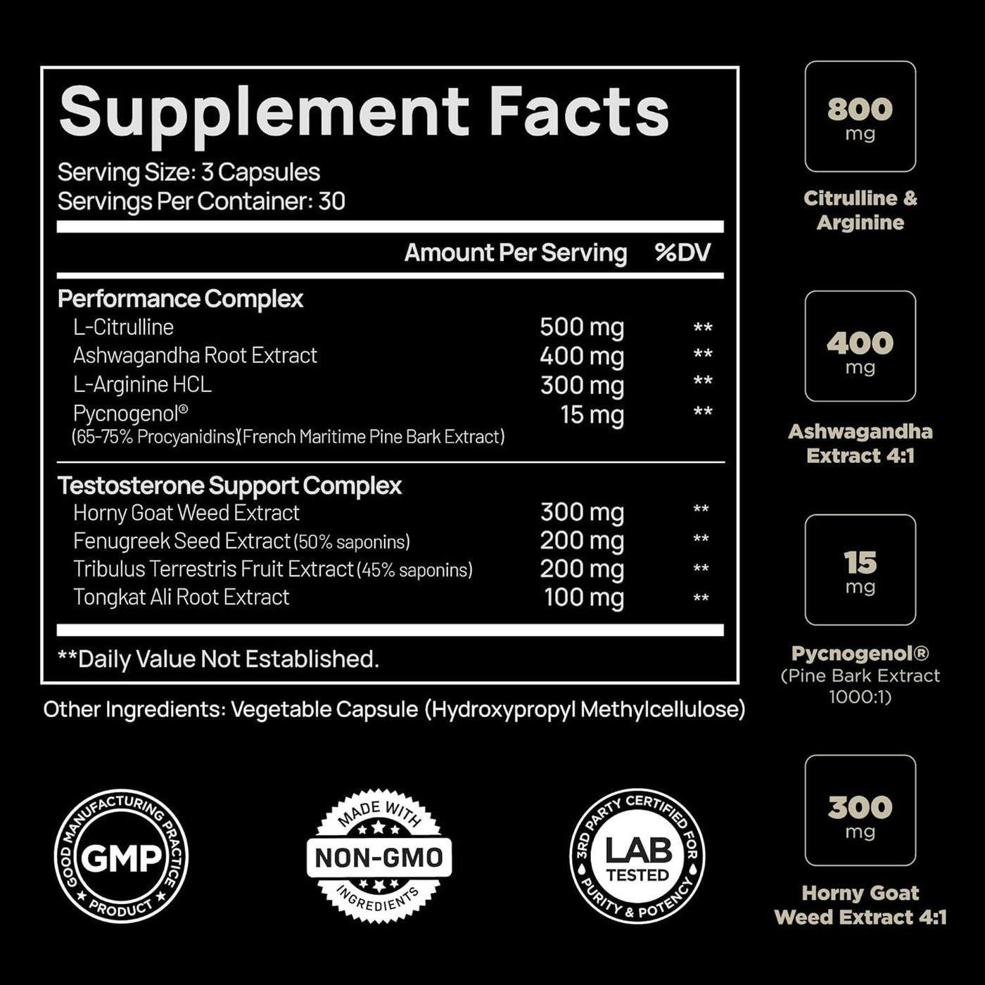 Terra ELMNT Testosterone Support for Men - Ashwagandha, Pycnogenol, Horny Goat Weed, Tongkat Ali & Tribulus | 90 Capsules | Natural Test Booster Supplement