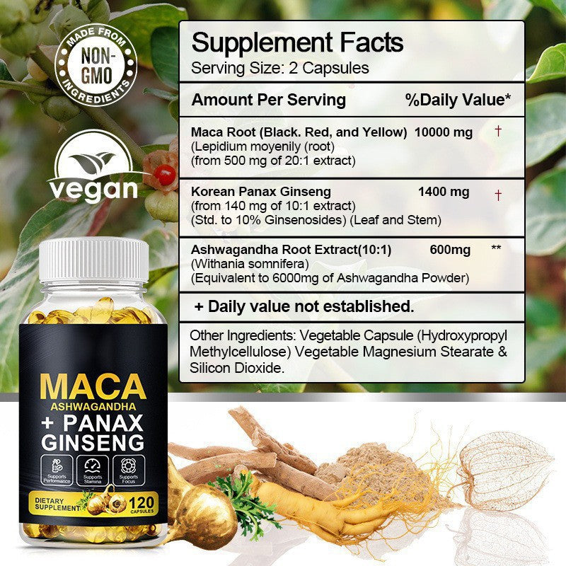 Maca Ashwagandha Panax Ginseng Capsules 120 Count -Energy, Stamina & Focus Support | Organic Wellness Hub