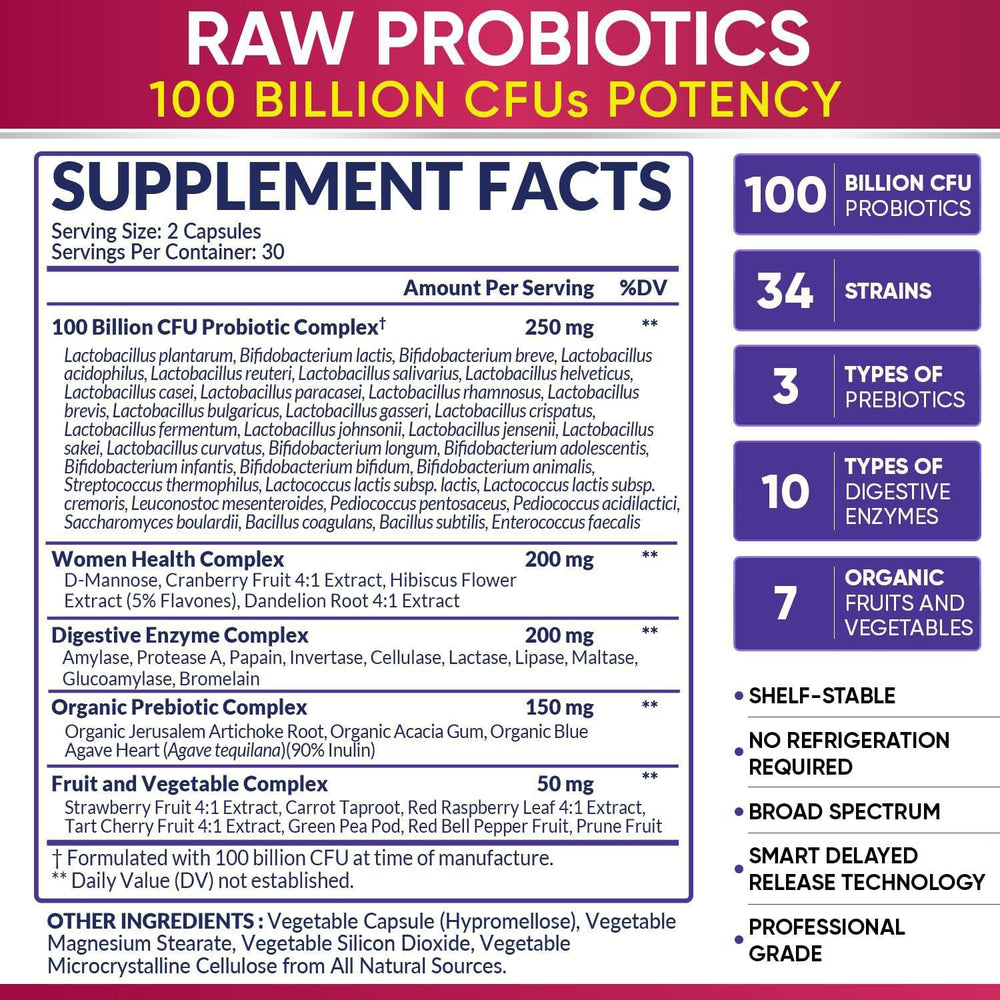 Women's RAW Probiotic 100 Billion CFU | 34 Strains + Prebiotics & Digestive Enzymes | Urinary Tract Support | 60 Veg Capsules ? Organic Wellness Hub