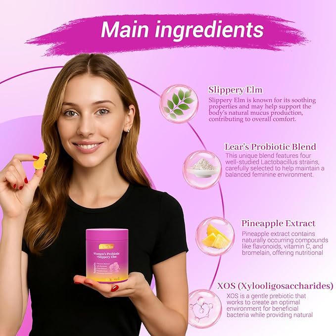 Women's Probiotic + Slippery Elm Gummies | Yeast Balance, pH Support & Vaginal Health | Pineapple Flavor | 60 Count