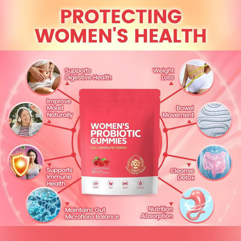 Women's Probiotic Gummies - 5 Billion CFUs | Probiotics + Prebiotics + Cranberry | No Sugar | Vegan | Non-GMO | 60 Gummies