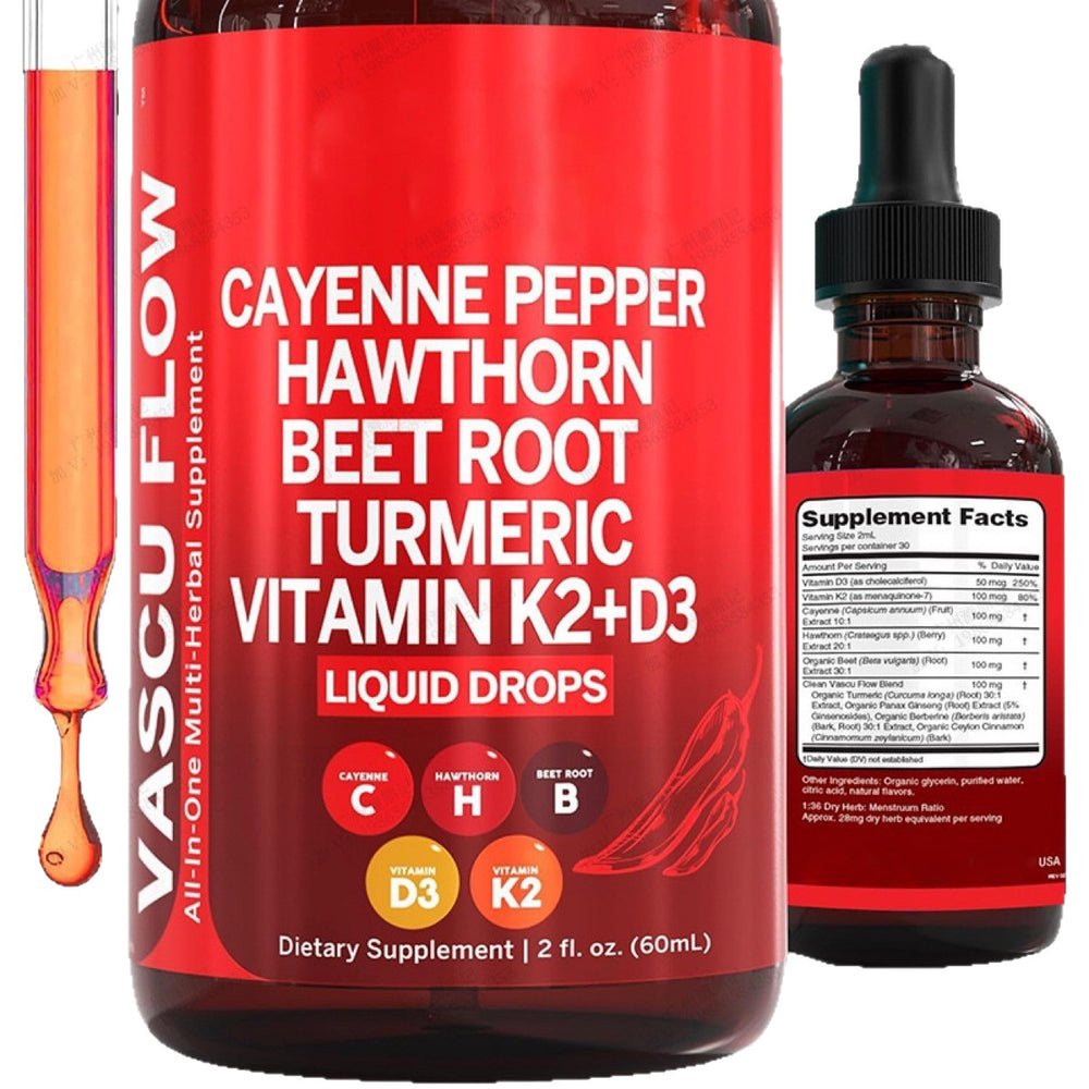 Vascu Flow Liquid Drops with Cayenne Pepper, Hawthorn, Beet Root, Turmeric & Vitamin K2+D3 | Cardiovascular Wellness Support | Organic Wellness Hub