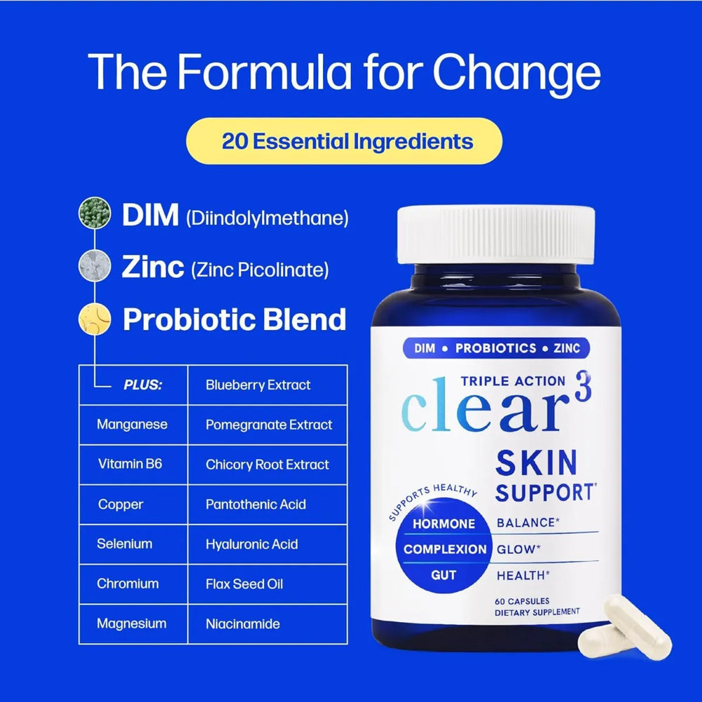 Clear³ Triple Action Skin Support Supplement 3-Pack | DIM, Probiotics & Zinc for Hormonal Acne, Gut Health & Glowing Complexion – 180 Capsules | Organic Wellness Hub