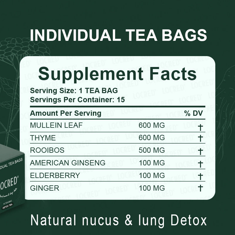 LOCRED Natural Mucus & Lung Detox Tea | Mullein Leaf & American Ginseng | Respiratory Support Herbal Tea ? 15 Individual Tea Bags