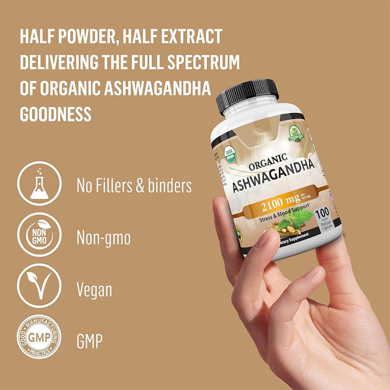 Organic Ashwagandha 2100mg Capsules - Stress, Mood & Daily Wellness Support | 100 Capsules | Organic Wellness Hub