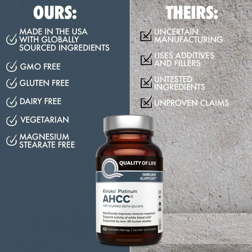Quality of Life Kinoko Platinum AHCC Immune Support 60 Vegicaps | Lab Tested Immune Health Supplement | Organic Wellness Hub