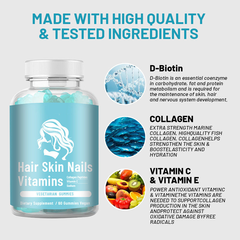Hair Skin Nails Vitamins Gummies | Collagen Peptides + Vitamin C | Vegan | Lab Tested | Organic Wellness Hub