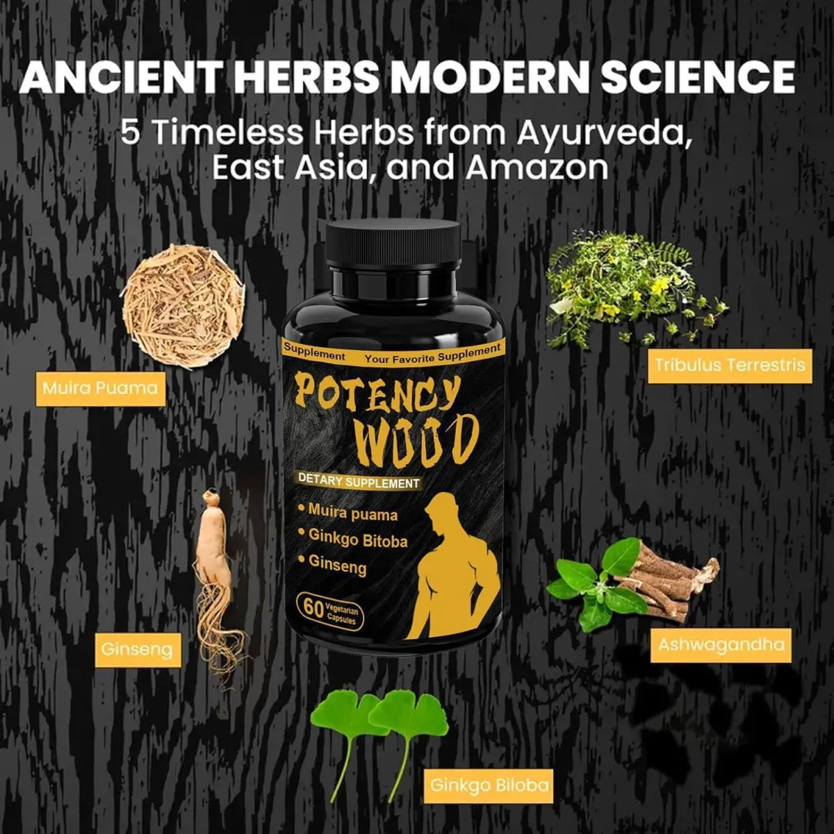 Potency Wood 3-Pack Bundle | Male Vitality Supplement | Muira Puama, Ginkgo Biloba & Ginseng | 180 Vegetarian Capsules | Made in USA