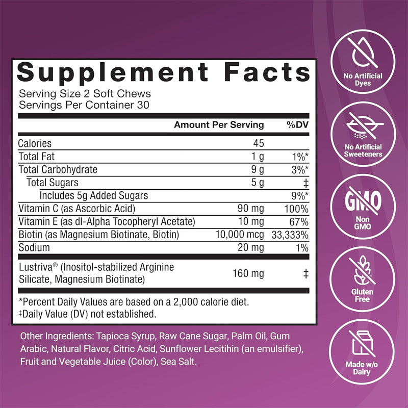 Force Factor Hair Growth Accelerator Gummies | 60 Soft Chews with LUSTRIVA� | Mixed Berry | Thicker, Fuller Hair in 3 Weeks | No Artificial Sweeteners | Non-GMO
