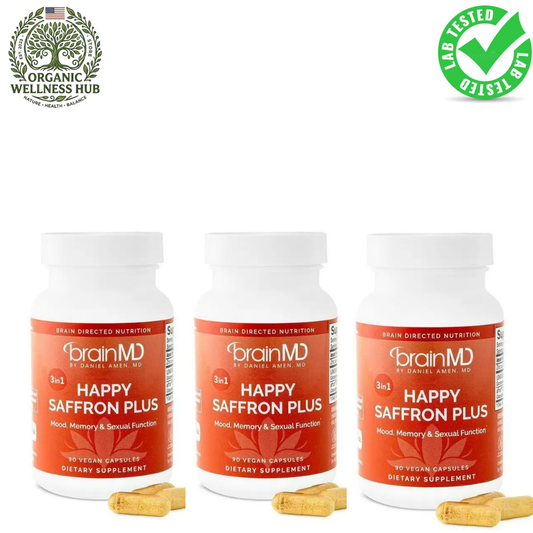 3-Pack BrainMD Happy Saffron Plus | 3-in-1 Mood, Memory & Sexual Function | 270 Vegan Capsules | Lab Tested | Organic Wellness Hub