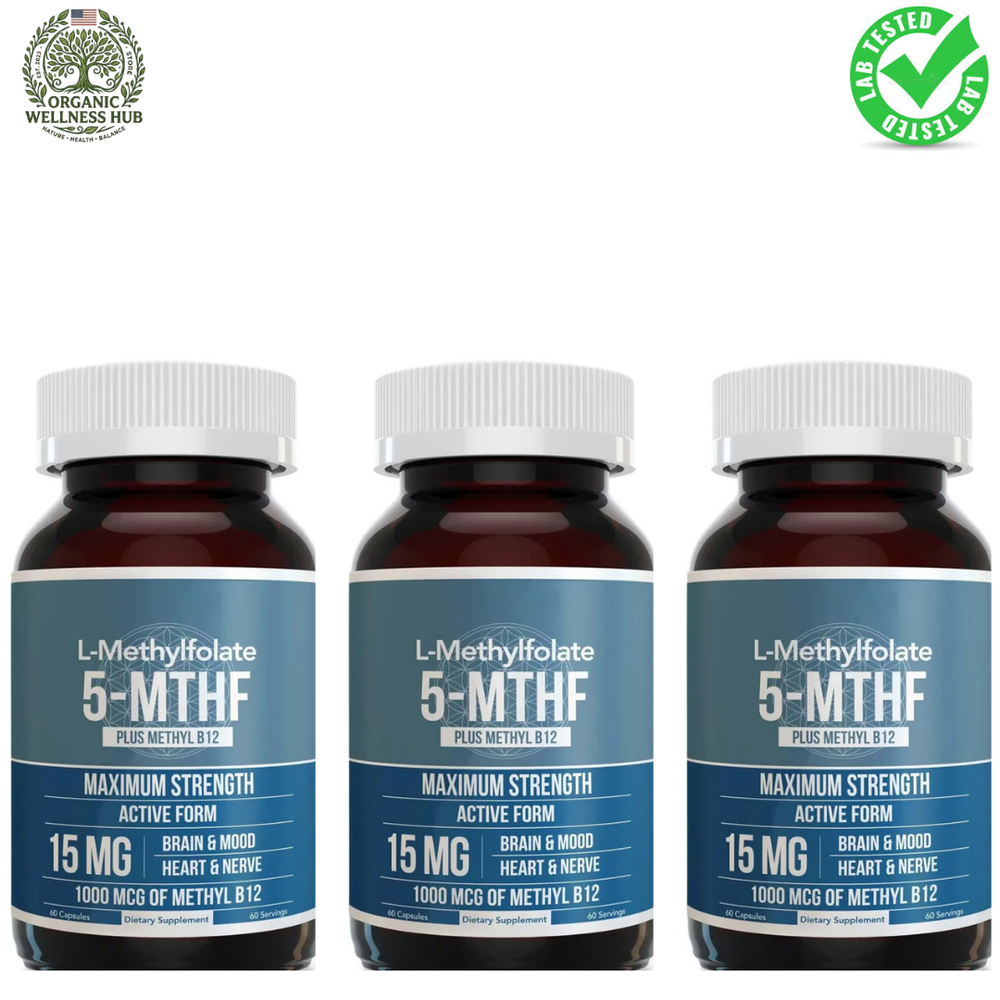 3-Pack L-Methylfolate 5-MTHF 15mg + Methyl B12 | Maximum Strength Active Folate | Brain, Mood & Heart Support | Lab Tested | Organic Wellness Hub