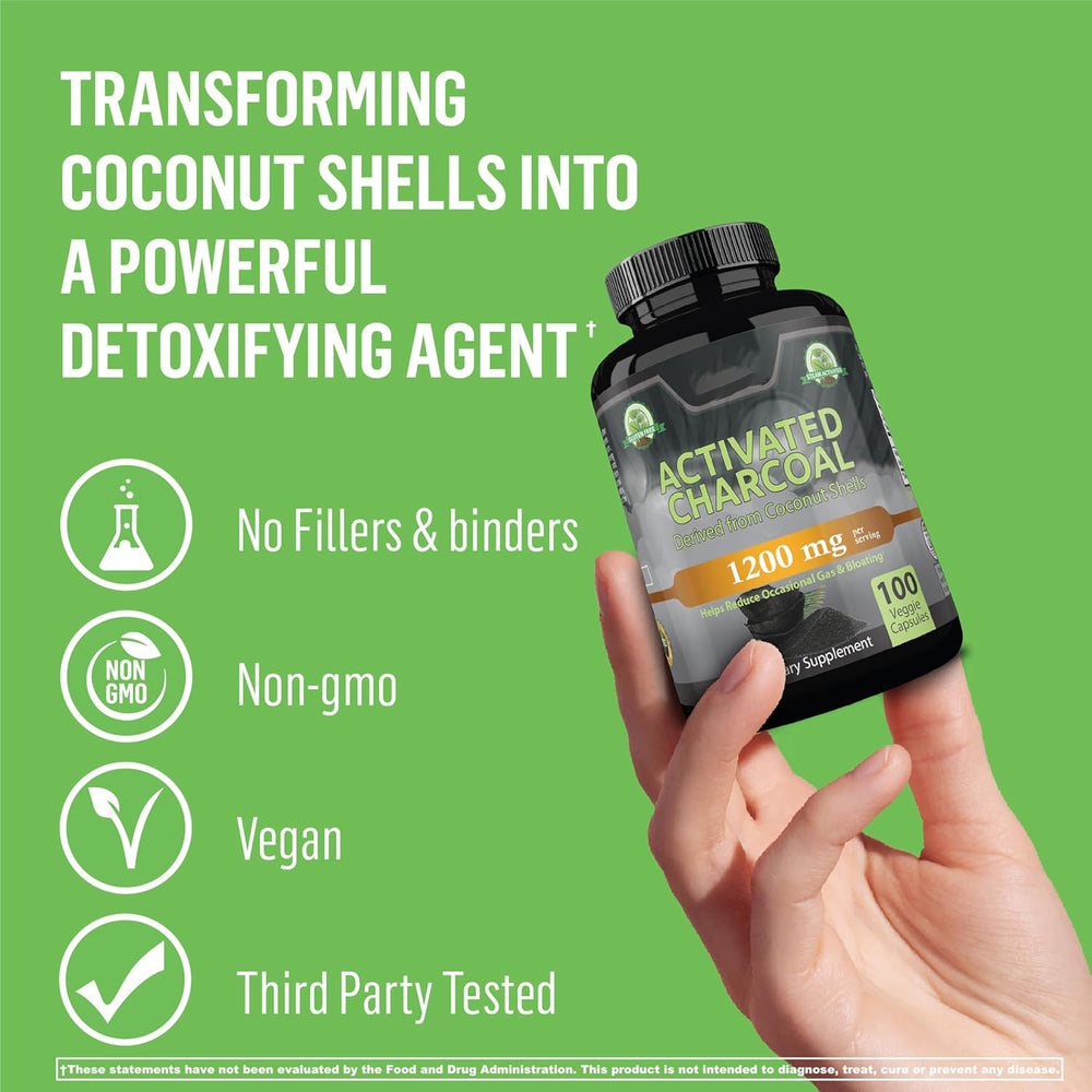 Activated Charcoal 1200mg Capsules - Coconut Shell Derived Digestive Support Supplement | 100 Veggie Capsules | Organic Wellness Hub
