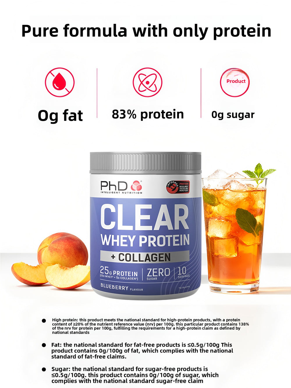 PhD Clear Whey Protein + Collagen | Peach Iced Tea | 25g Protein, Zero Sugar | Informed Sport Tested | 10 Servings | Lab Tested | Organic Wellness Hub